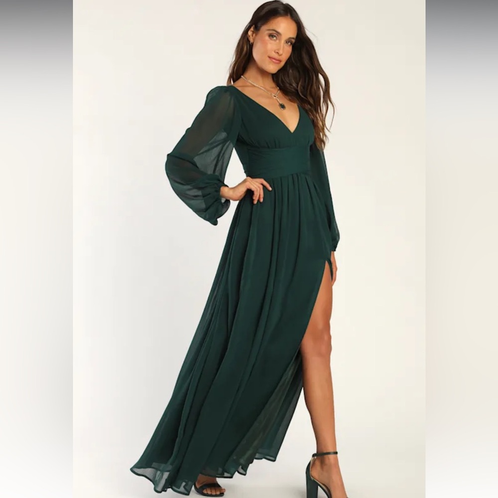 Enchant My Love Emerald Green V-Neck Long Sleeve Maxi Dress